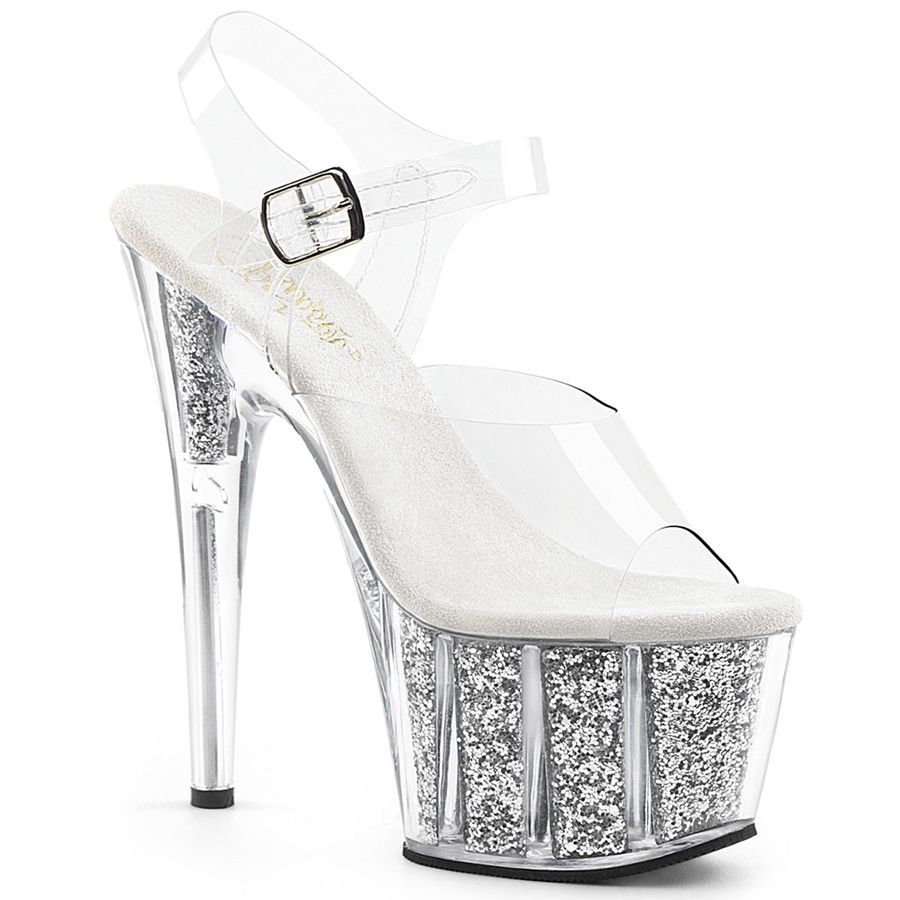 Women\'s Pleaser Adore-708G Ankle Strap Sandals Silver | 031GHWYUT