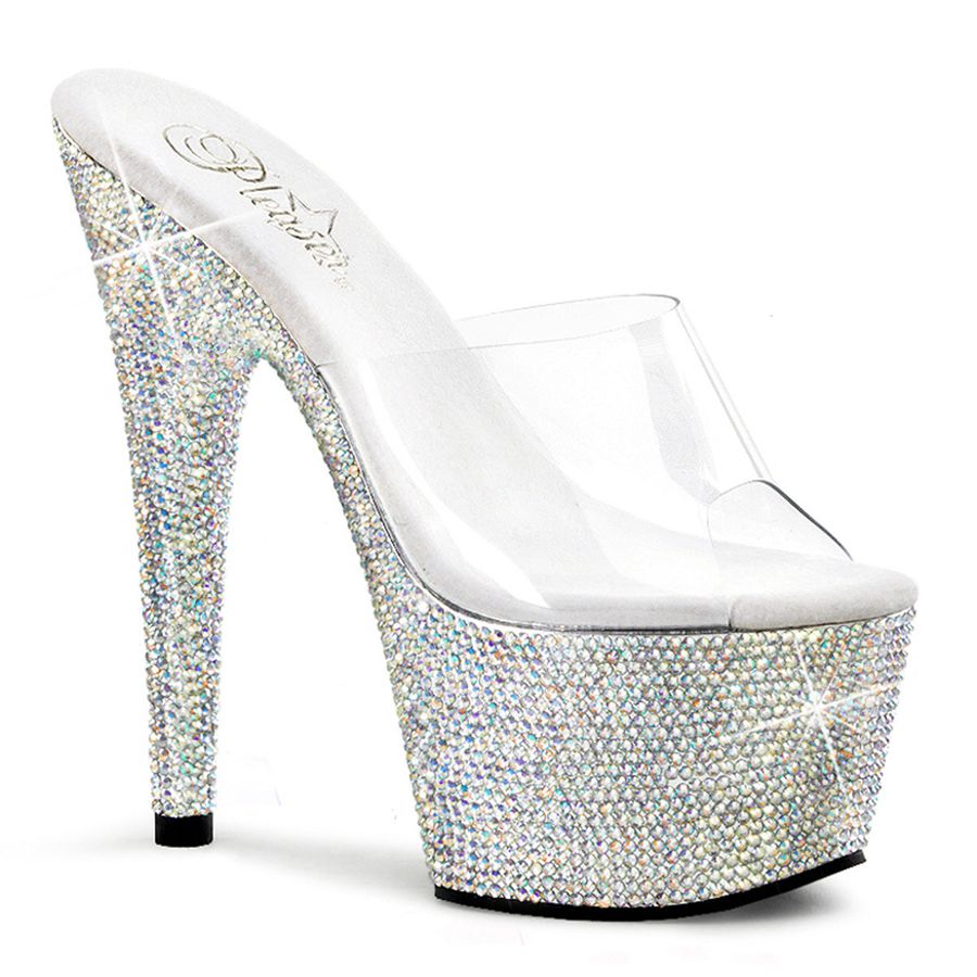 Women\'s Pleaser Bejeweled-701DM Platform Sandals Silver | 730TMVOHL