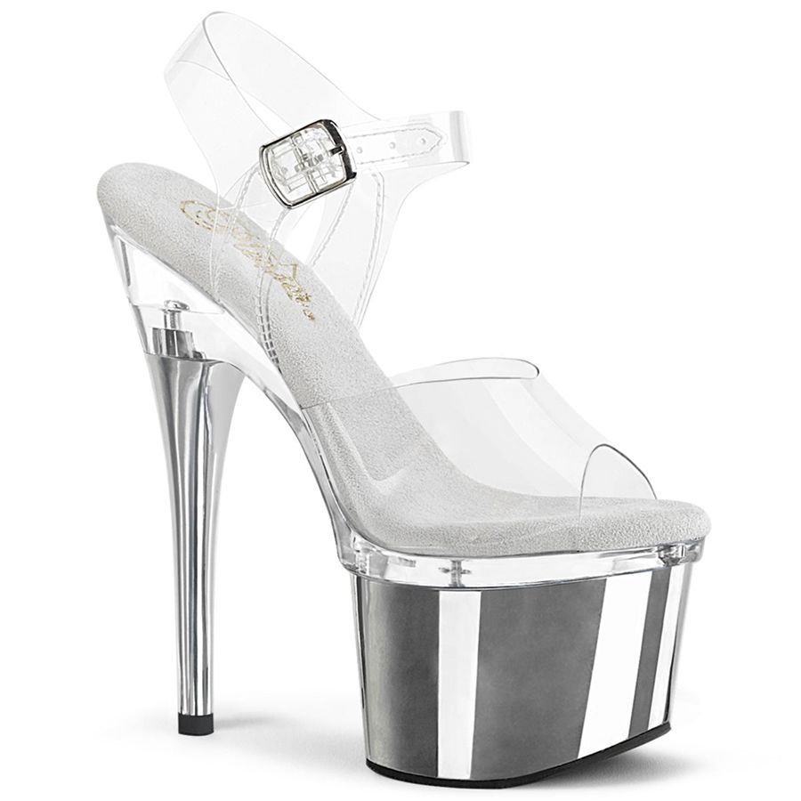 Women\'s Pleaser Esteem-708 Ankle Strap Sandals Silver | 746HTDCBR