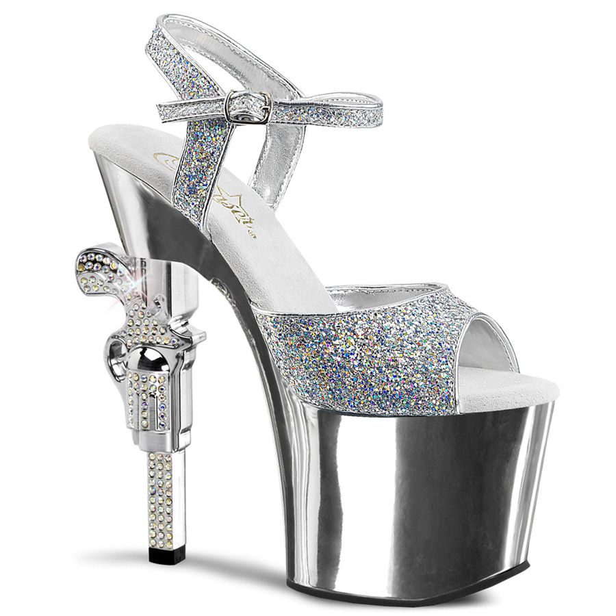 Women\'s Pleaser Revolver-709G Ankle Strap Sandals Silver | 790EVQMKY