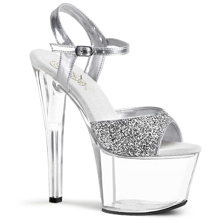 Women\'s Pleaser Sky-310 Ankle Strap Sandals Silver | 180MSZAQL