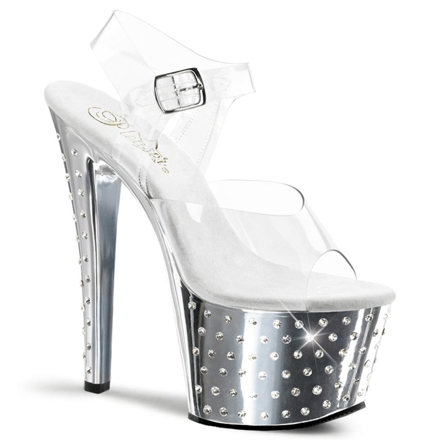 Women\'s Pleaser Stardust-708 Ankle Strap Sandals Silver | 396JRDYWU