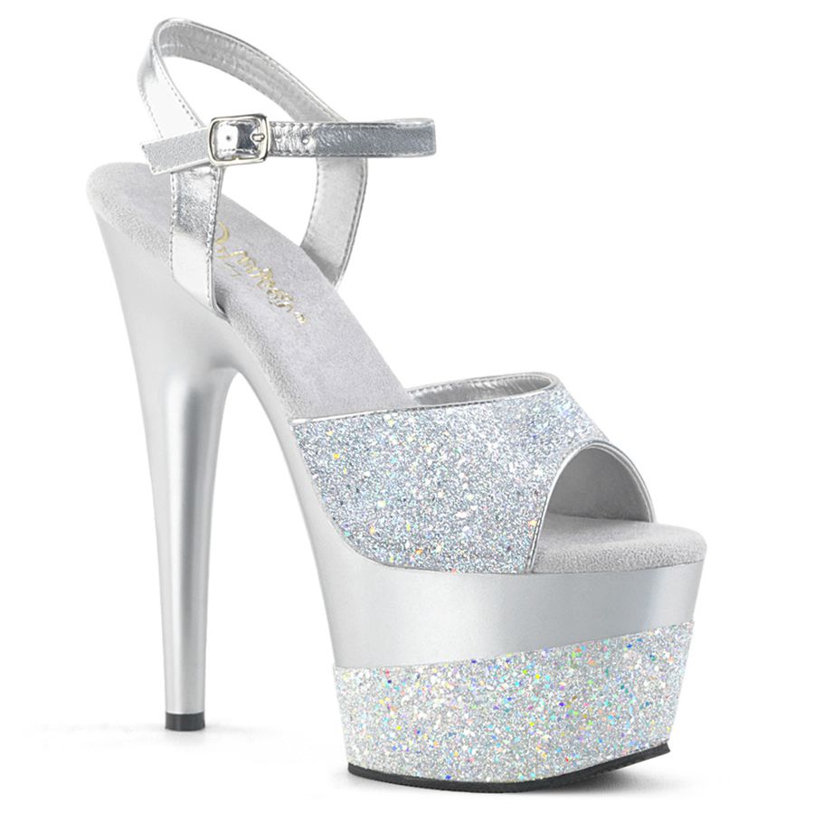 Women's Pleaser Adore-709-2G Ankle Strap Sandals Silver | 612YJHQRD