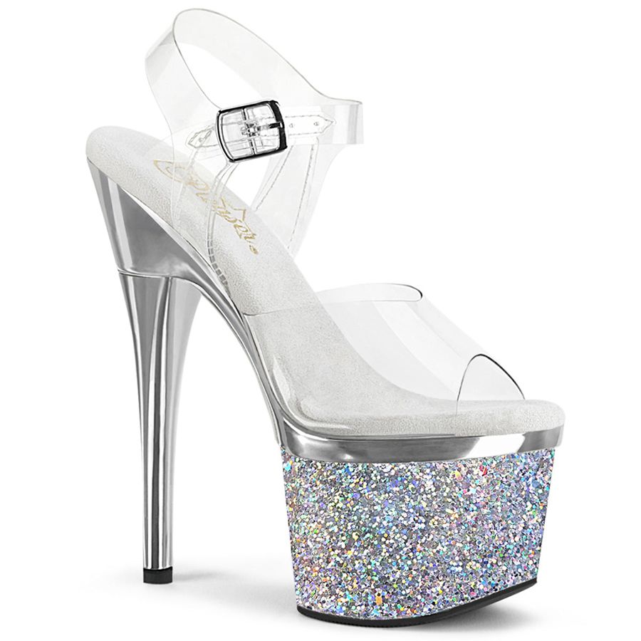 Women's Pleaser Esteem-708CHLG Ankle Strap Sandals Silver | 897YITMRX