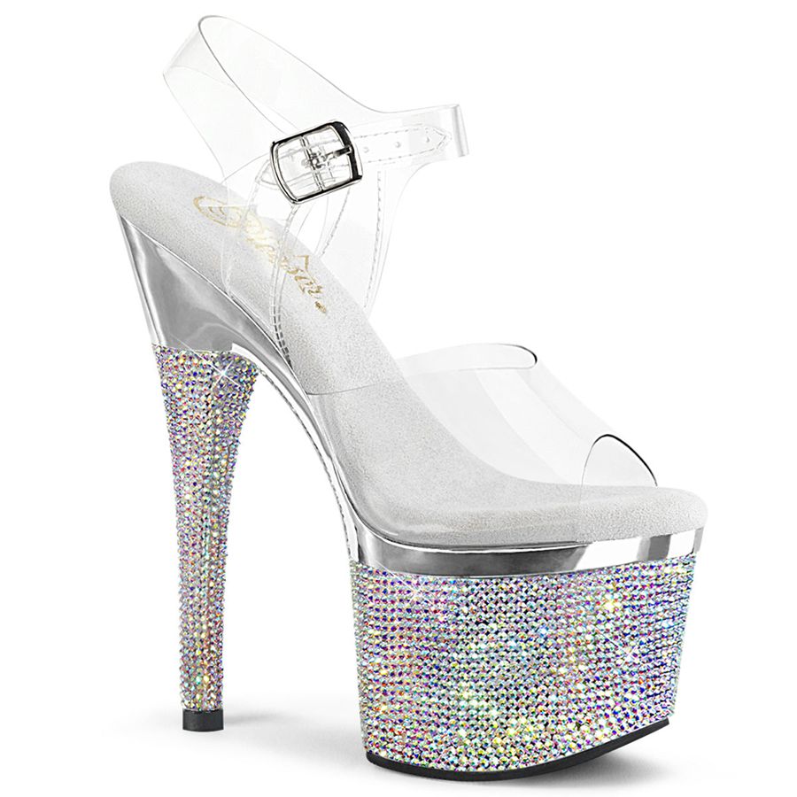 Women's Pleaser Esteem-708DM Ankle Strap Sandals Silver | 082XOLGDN