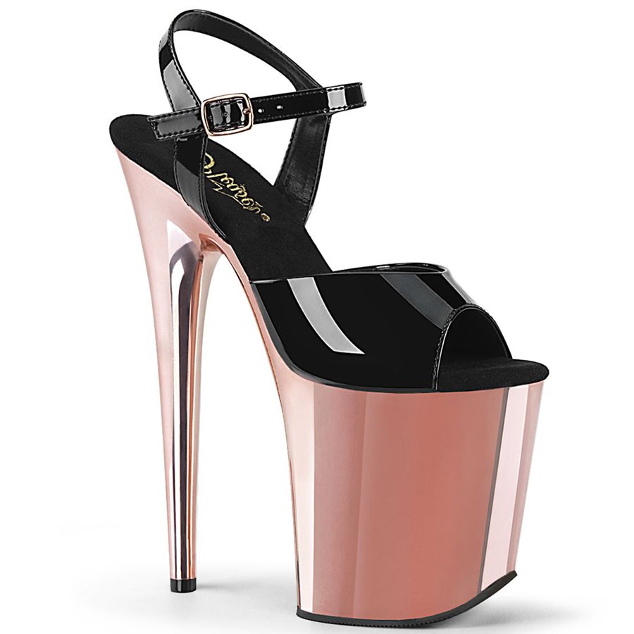 Women's Pleaser Flamingo-809 Ankle Strap Sandals Black Rose Gold | 492HNXLAS