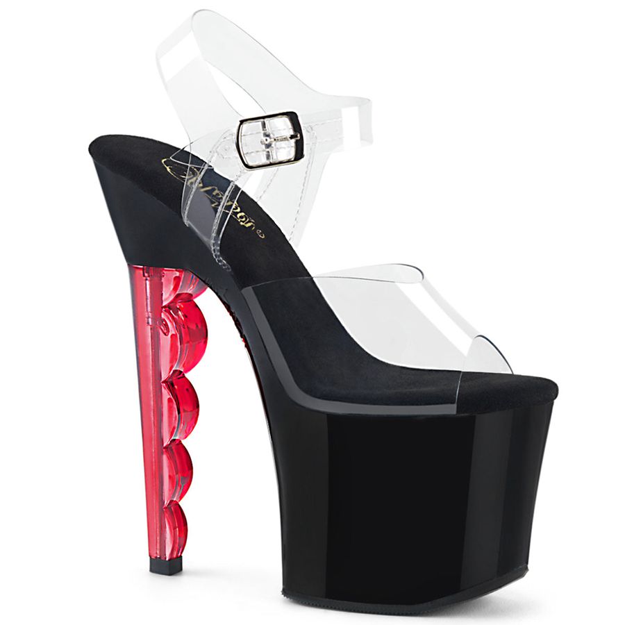 Women's Pleaser Scallop-708 Ankle Strap Sandals Black Red | 645LHDCRW