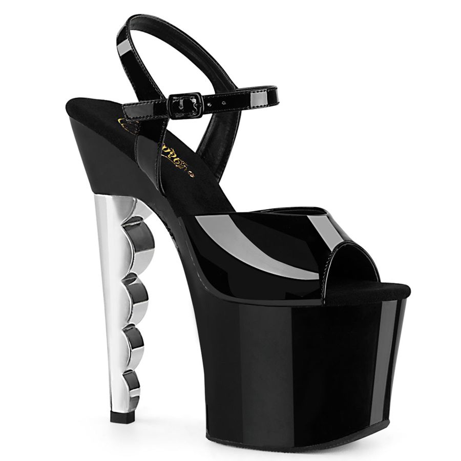 Women's Pleaser Scallop-709CH Ankle Strap Sandals Black Silver | 356ESLYOV