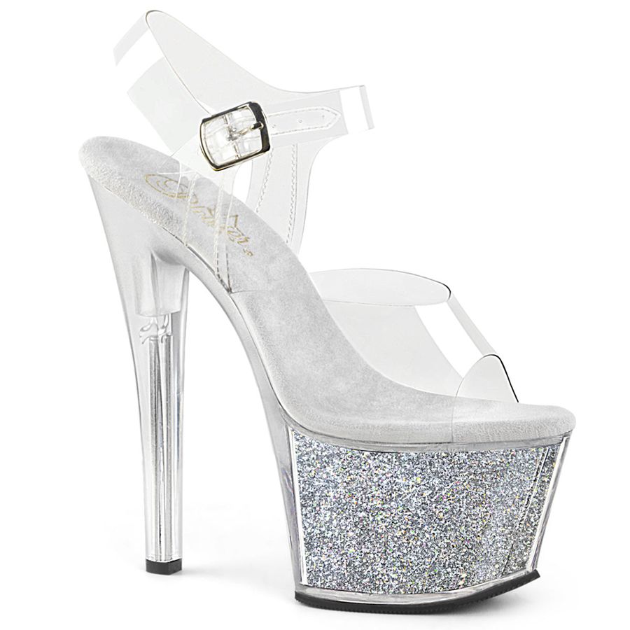 Women's Pleaser Sky-308G-T Ankle Strap Sandals Silver | 620YZMXHS