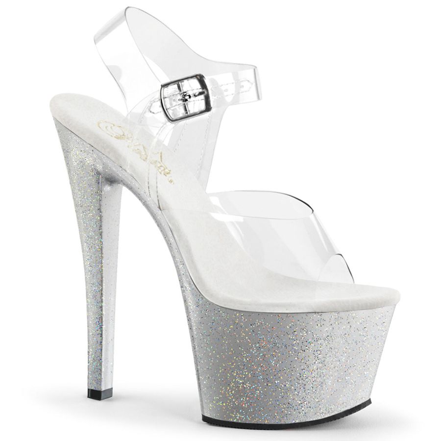 Women's Pleaser Sky-308MG Ankle Strap Sandals Silver | 386RIOZMV