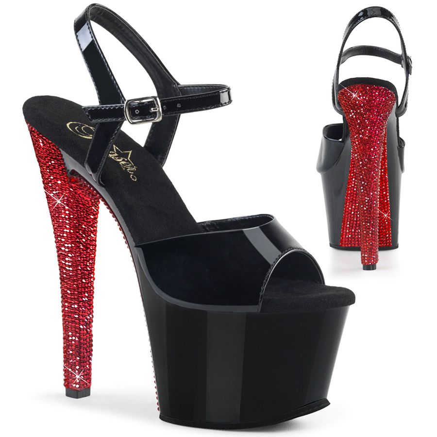 Women's Pleaser Sky-309CHRS Ankle Strap Sandals Black Red | 896ZICRQJ