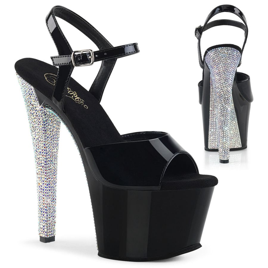 Women's Pleaser Sky-309CHRS Ankle Strap Sandals Black Silver | 987ORFTED