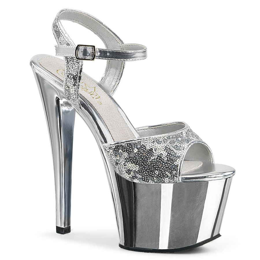 Women's Pleaser Sky-310SQ Ankle Strap Sandals Silver | 012KJWDBS